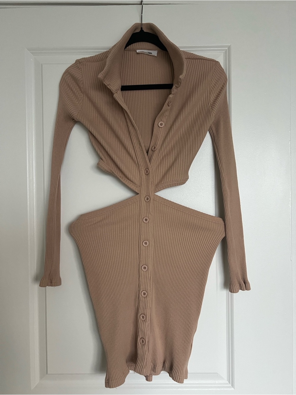 Showpo Ribbed Cutout Button-Front Dress in Beige